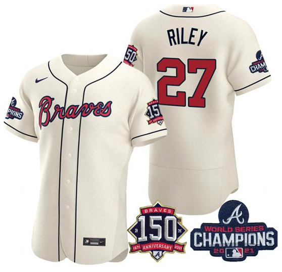 Men's Atlanta Braves #27 Austin Riley 2021 Cream World Series Champions With 150th Anniversary Flex Base Stitched Jersey Men's Atlanta Braves #27 Austin Riley 2021 Cream World Series Champions With 150th Anniversary Flex Base Stitched Jersey